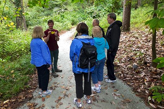 A tour guide leads a group through the Gardens, presenting to the group a yellow leaf.