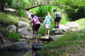 Children climb over rocks in a stream.