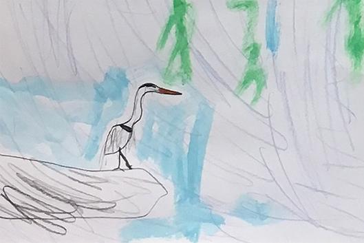 A drawing of a heron.