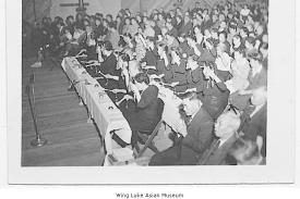 Buddhist ceremony inside Minidoka gymnasium, ca. 1943; from the Wing Luke Asian Museum Photograph Collection, University of Washington Libraries
