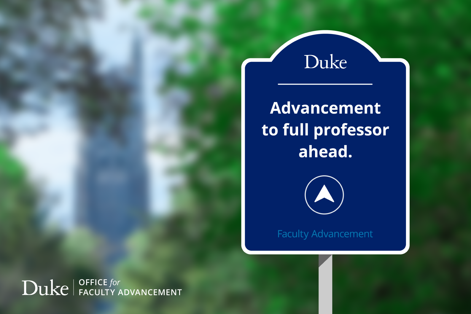 Road sign on Chapel Drive that reads &amp;amp;quot;Duke. Advancement to full professor ahead. Faculty Advancement.&amp;amp;quot;