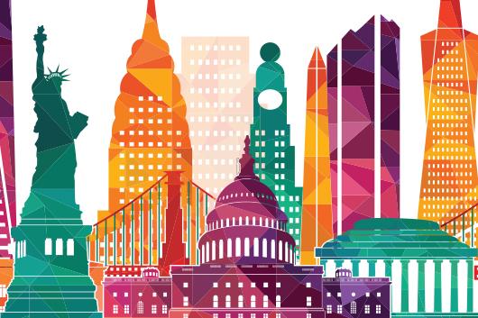 Colorful illustration for USPTO Event with buildings