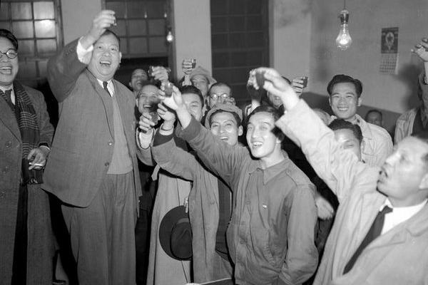 First elected mayor of Taipei, Taiwan, celebrating victory with supporters