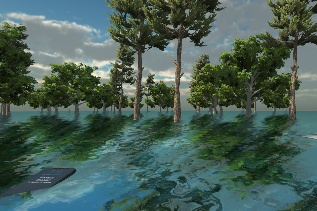 Trees and Water in a computer simulated scene. There is a phone and computer floating in the water. Untitled(reported North Carolina state Covid-19 death increases as wind in the trees), work-in-process,Unity game engine, 2021