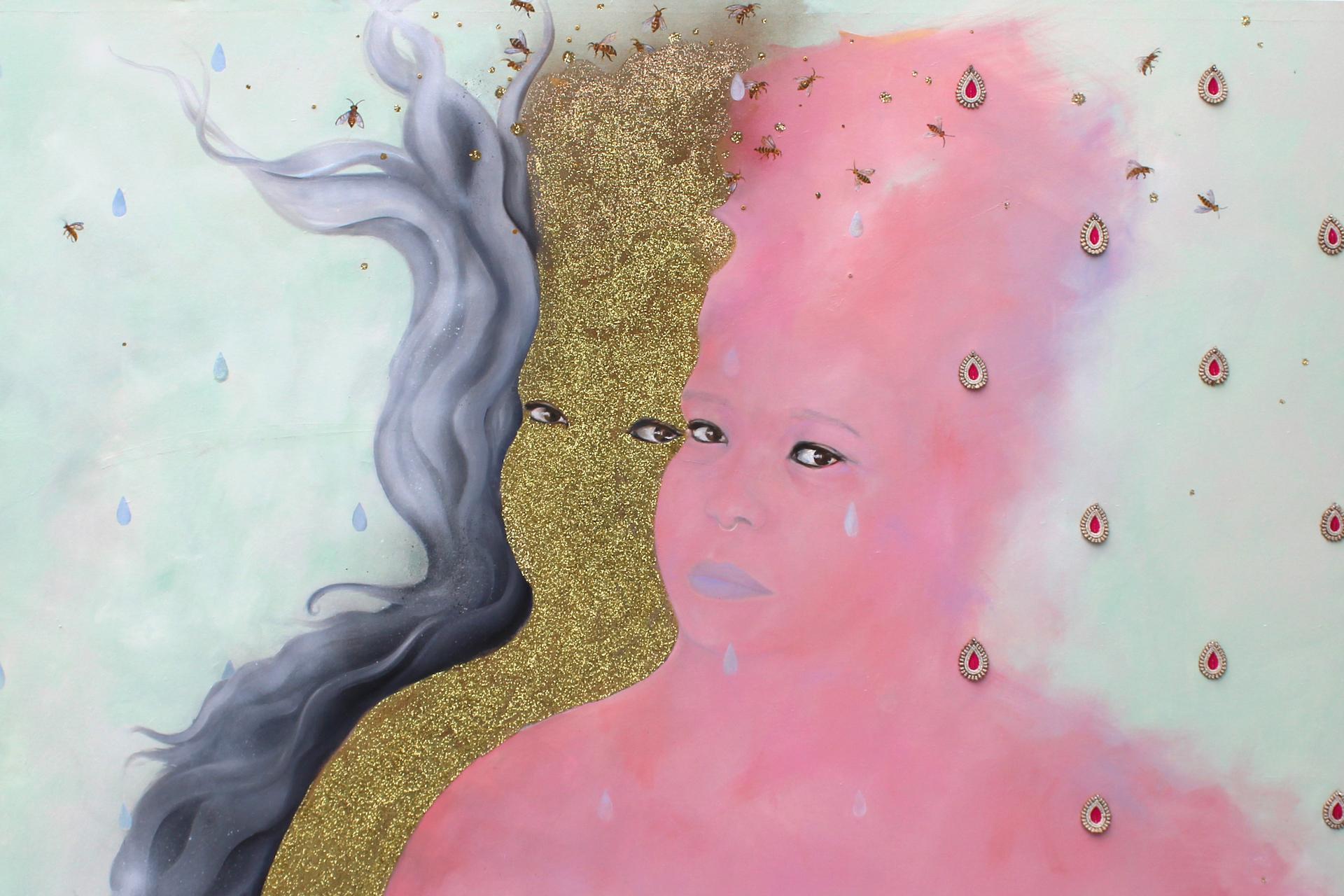 &quot;Liminal Being(s)&quot; by Saba Taj. Three figures: one of gray wisps, gold glitter, and pink haze. Painting. Multimedia.