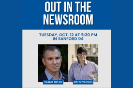Headshots of Frank Bruni and Kim Severson in poster