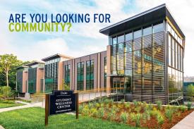 Are you looking for community? (left corner) background is a picture of the student wellness center surrounded by nature, grass, and sidewalks