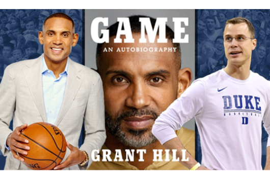 Grant Hill and Coach Jon Scheyer on either side of book cover for GAME