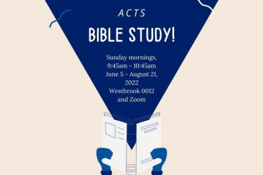 Person holding a book that says &amp;amp;quot;Acts Bible Study, Sunday mornings 9:45am - 10:45am June 5-August 21 Westbrook 0012 and zoom