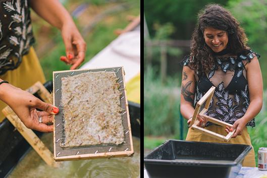 dual image: two hands holding a tray of handmade paper; a woman demonstrates how to use the tray with a tub of paper pulp
