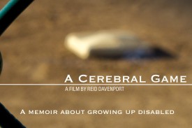 Photograph of a baseball base out of focus and a fence in the foreground in focus with the title of the film A Cerebral Game, A Memoir About Growing Up Disabled