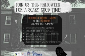 Join us this ahalloween for a scary good time picture of building with cobwebs logos at the bottom text with event information
