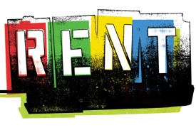 poster art for Broadway production of "Rent" by Jonathan Larson - four letter stencils spell out "Rent" in street graffiti style