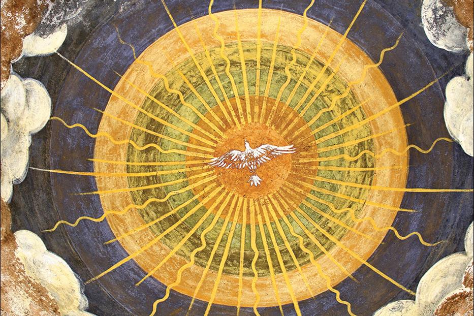 Book cover with the Holy Spirit as a dove in front of the sun