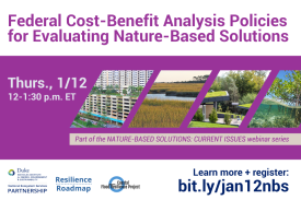 Collage with images of green roofs, marshland, coastal plants. Text: &quot;Federal Cost-Benefit Analysis Policies for Evaluating Nature-Based Solutions. Thurs., 1/12, 12-1:30 p.m. ET. Part of the Nature-Based Solutions: Current Issues webinar series. Learn more + register: bit.ly/jan12nbs.&quot; Logos for National Ecosystem Services Partnership, Nicholas Institute, Resilience Roadmap, Coastal Flood Resilience Project.