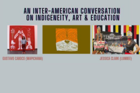 An Inter-American Conversation on Indigeneity, Art,and Education Images: a brown, orange, and white wood-carved print; a red and white Indigenous Amazonian artwork, with Gustavo Coboco standing in front of it; a painting of Native American people protesting, with one holding a sign saying &amp;amp;amp;quot;My Culture is Not Your Costume&amp;amp;amp;quot; (a painting by Jessica Clark)