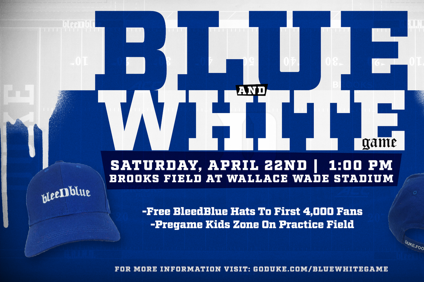 Graphic promoting the 2023 Duke Football Blue &amp;amp; White Game on April 22 at Brooks Field at Wallace Wade Stadium.