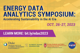Yellow faded data processing program. Text: "Energy Data Analytics Symposium: Accelerating Sustainability in the AI Era. Oct. 26-27, 2023. LEARN MORE: bit.ly/edas2023." Logos for Duke Nicholas Institute for Energy, Environment & Sustainability, Alfred P. Sloan Foundation, Energy Analysis and Policy Nelson Institute for Environmental Studies Wisconsin Energy Institute at University of Wisconsin-Madison, and NASA.