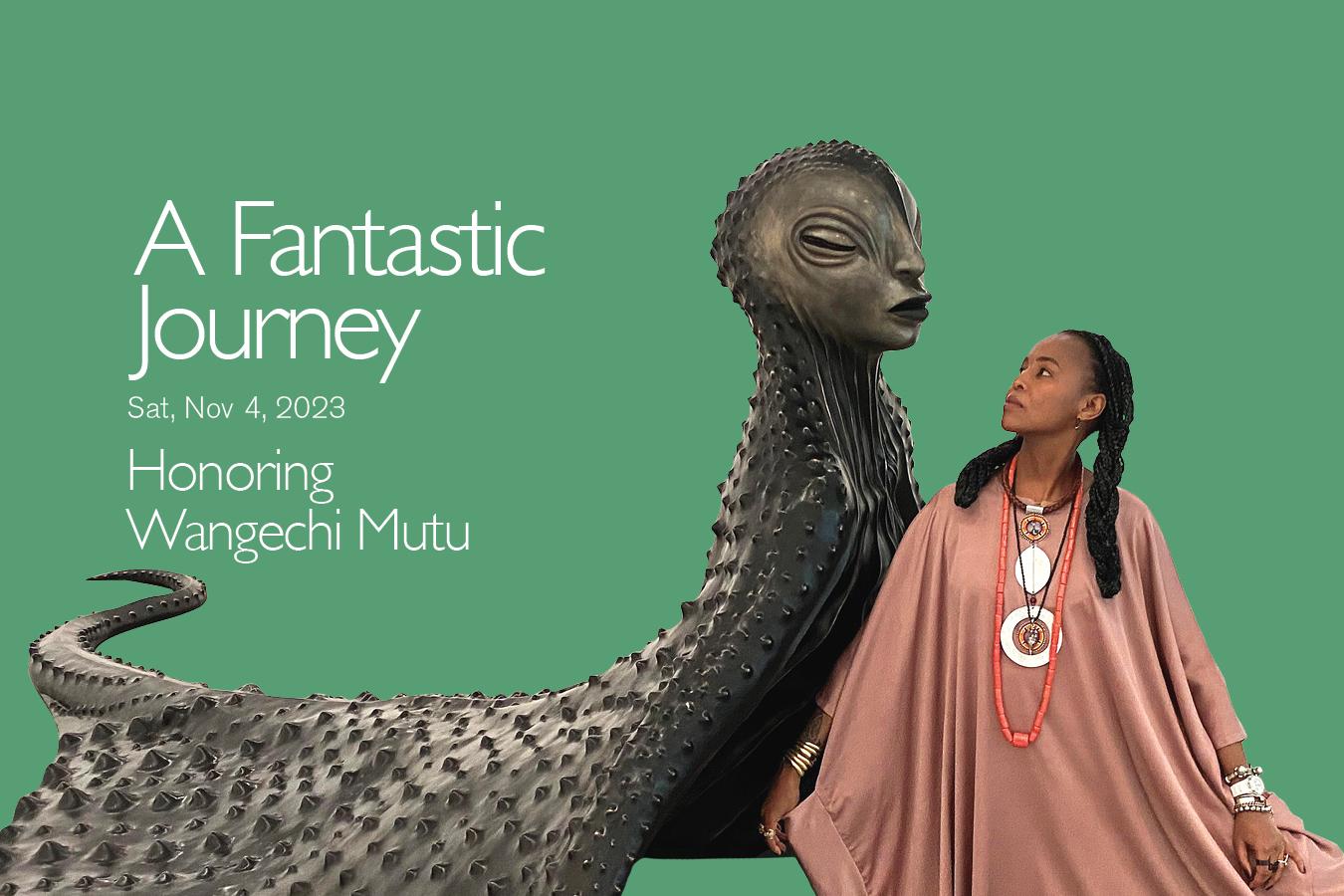 Wangechi Mutu with her monumental sculpture MamaRay