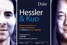 Headshots of Peter Hessler (left) and Kaiser Kuo (right); center panel of descriptive text on a blue background (title, date, time, location)