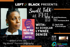 Event flyer. White text on black background with photo of Lynnée Denise and the cover of her book, "Why Willie Mae Thornton Matters."
