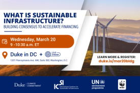 Wind turbines on a hillside at sunrise. Text: &amp;amp;quot;What is Sustainable Infrastructure? Building Consensus to Accelerate Financing. Wednesday, March 20 | 9-10:30 a.m. ET. Duke in DC + Live Stream. 1201 Pennsylvania Ave. NW, Suite 500, Washington, D.C. Learn more &amp;amp;amp; register: duke.is/mar20bldg.&amp;amp;quot; Logos for Duke Climate Commitment, International Coalition for Sustainable Infrastructure, UN Environment Programme, and World Wildlife Fund.