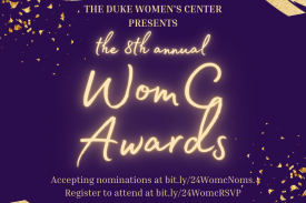 gold reflective text in a cursive font is centered across a dark purple background, the text reads "The 8th Annual WomC Awards, accepting nominations at bit.ly/24WomcNoms, register to attend at bit.ly/24WomcRSVP"/end alt. text