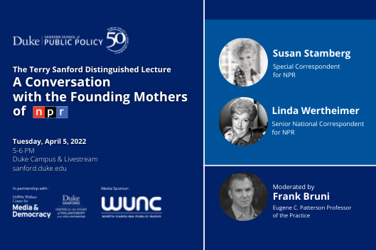 This is a poster to advertise Frank Bruni moderating a conversation with the Founding Mothers of NPR