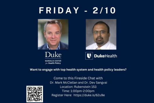 Headshots of Dr. Mark McClellan and Dr. Dev Samgvao with event details