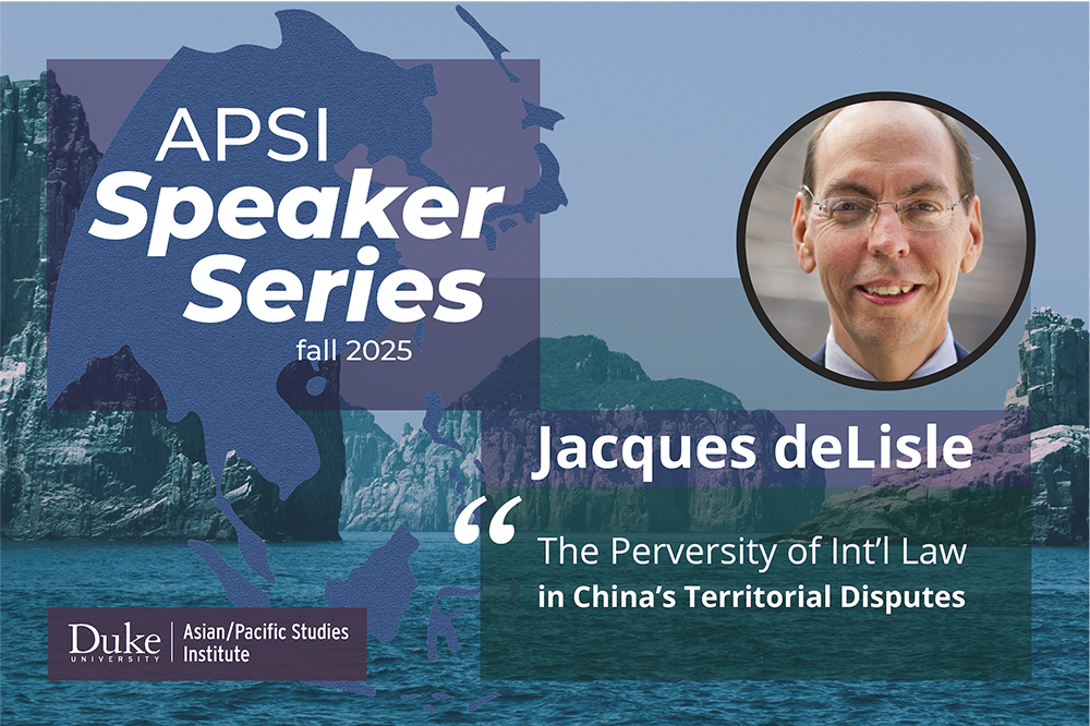 Headshot of a person (Jacques deLisle) wearing a white collared shirt and glasses; background image of rocky mountain islands in an ocean; descriptive text (event title, series title, sponsor wordmark)
