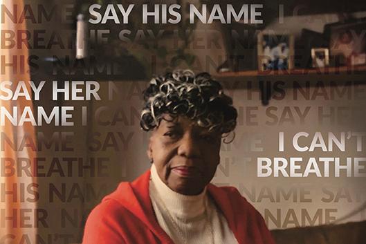 Gwen Carr is sitting in her living room, wearing a cream colored turtle neck and red sweater. She is looking off to the left. Words fill the background. Most notable are Say His Name, Say Her Name, I can't Breathe in white font