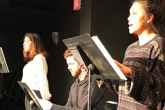 Duke students Alex Felix, Wesley Caretto, Sabrina Maciariello in staged reading