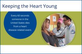 Text: Every 60 seconds someone in the US dies from a heart disease-related event. Image: Doctor checking someone's heart.