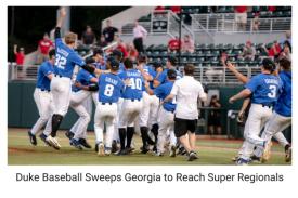 Duke Baseball Sweeps Georgia to Reach Super Regionals