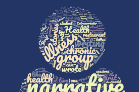 The silouette of a head and body with words representing narrative medicine and storytelling filling up the body. The silouette of a head and body with words representing narrative medicine and storytelling filling up the body.