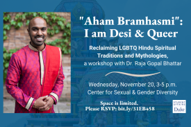 Dr. Raja wearing traditional red and pink hindu garb on a flyer with event information