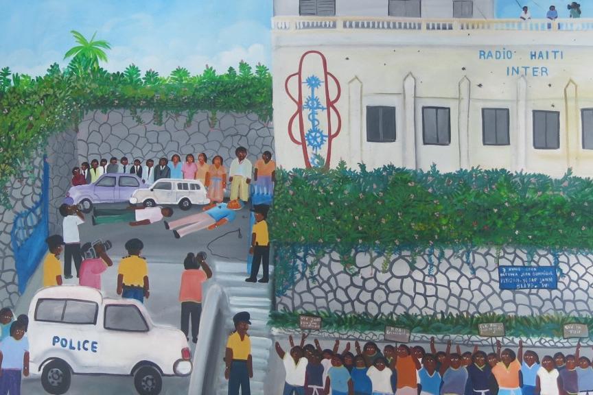 Painting by Maxan Jean-Louis, depicting the assassination of Jean Dominique. In the foreground, supporters of the station protest impunity and call for justice for Dominique.