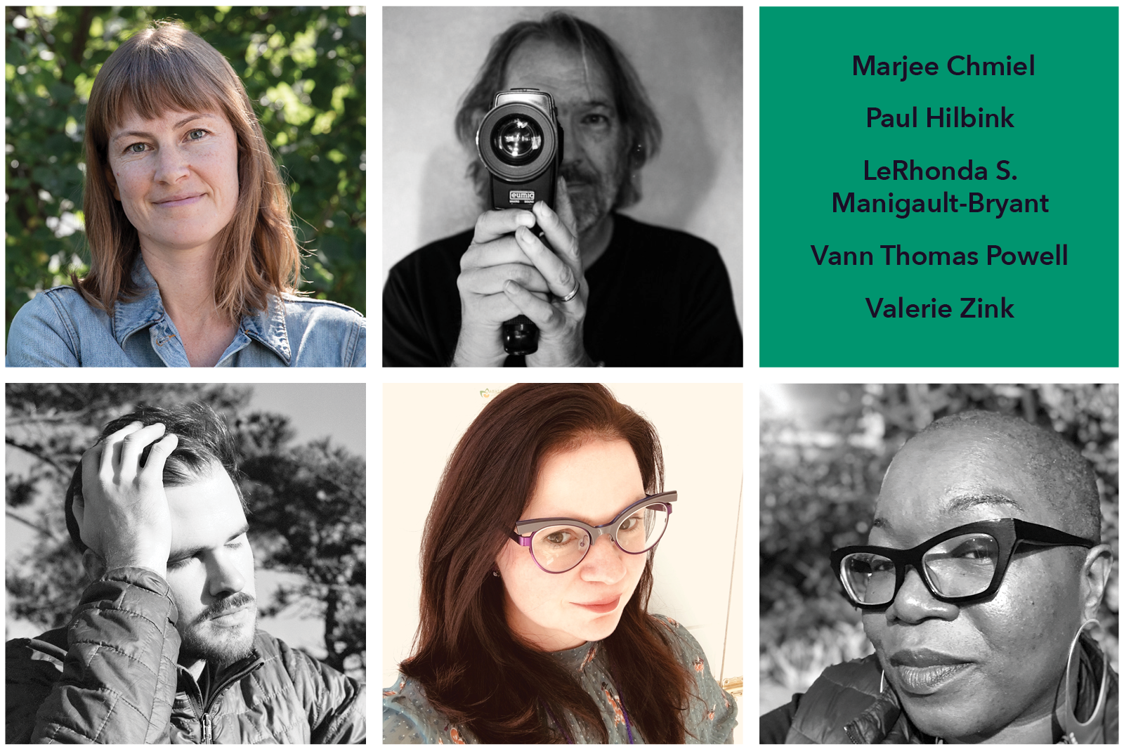 Headshots of the CDS Courses Fall 2020 Certificate in Documentary Studies Graduates are arranged in squares: 3 women and two men. Their names are as follows (in alphabetical order): Marjee Chmiel; Paul Hilbink; LeRhonda S. Manigault-Bryant; Vann Thomas Powell; Valerie Zink. Headshots of the CDS Courses Fall 2020 Certificate in Documentary Studies Graduates are arranged in squares: 3 women and two men. Their names are as follows (in alphabetical order): Marjee Chmiel; Paul Hilbink; LeRhonda S. Manigault-Bryant; Vann Thomas Powell; Valerie Zink.
