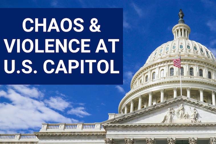 Image of US Capitol Building with text "chaos and violence at U.S. Capitol" Image of US Capitol Building with text "chaos and violence at U.S. Capitol"