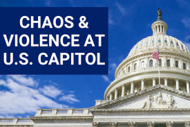 Image of US Capitol Building with text "chaos and violence at U.S. Capitol" Image of US Capitol Building with text "chaos and violence at U.S. Capitol"