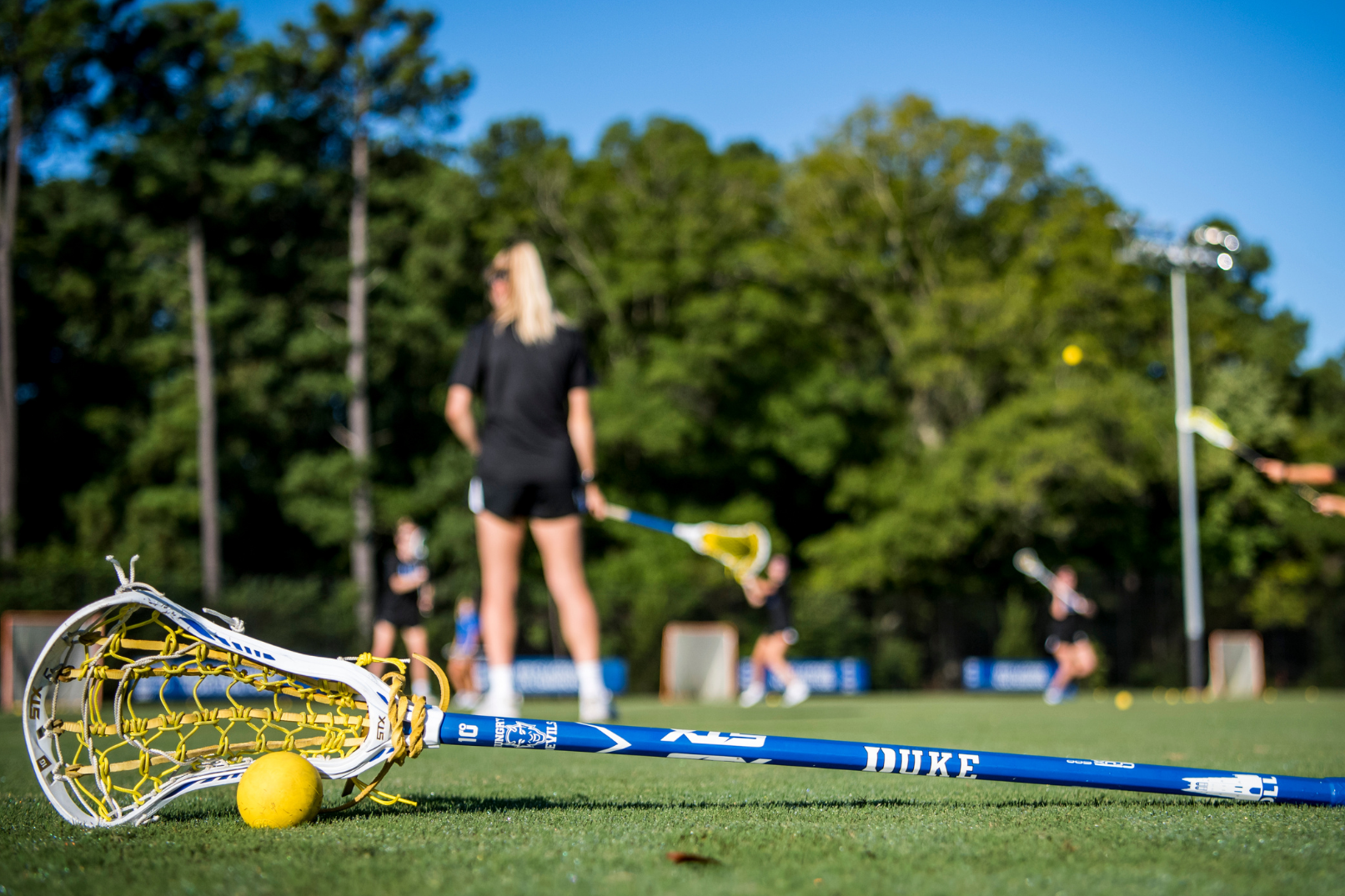 lacrosse stick and ball with palyers in background