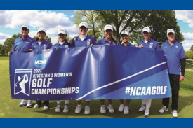 golf team holding #NCAAGolf championships banner