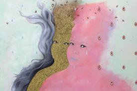 &amp;quot;Liminal Being(s)&amp;quot; by Saba Taj. Three figures: one of gray wisps, gold glitter, and pink haze. Painting. Multimedia.