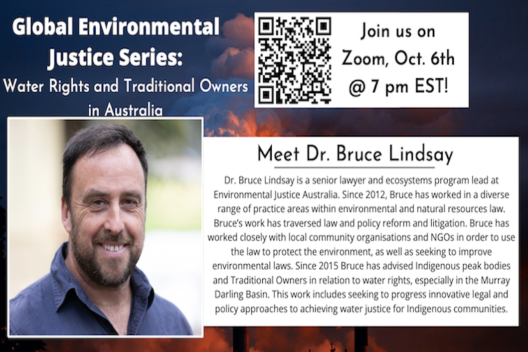 Dr. Bruce Lindsay is a senior lawyer and ecosystems program lead at Environmental Justice Australia. Since 2012, Bruce has worked in a diverse range of practice areas within environmental and natural resources law. Bruce’s work has traversed law and policy reform and litigation. Bruce has worked closely with local community organisations and NGOs in order to use the law to protect the environment, as well as seeking to improve environmental laws. Since 2015 Bruce has advised Indigenous peak bodies and Traditional Owners in relation to water rights, especially in the Murray Darling Basin. This work includes seeking to progress innovative legal and policy approaches to achieving water justice for Indigenous communities.