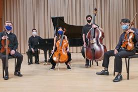 Trout Clout quintet masked, photo by Rodrigo Dorfman