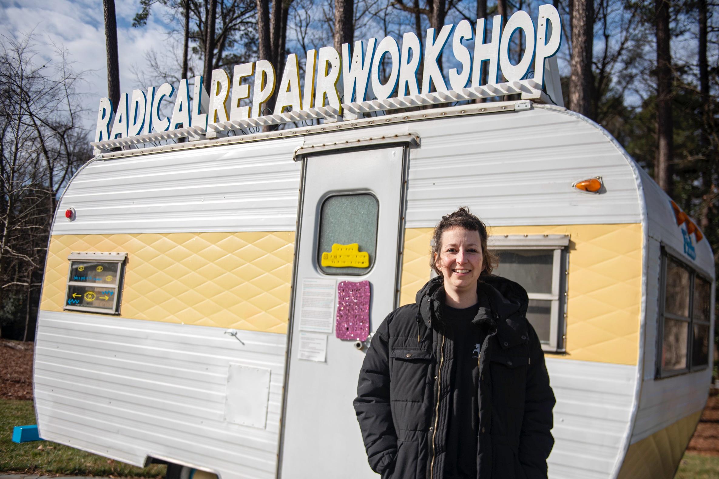 Julia Gartrell with Sonny, her vintage camper