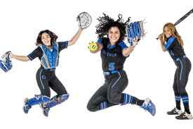 3 softball players posed to bat and jumping in the air