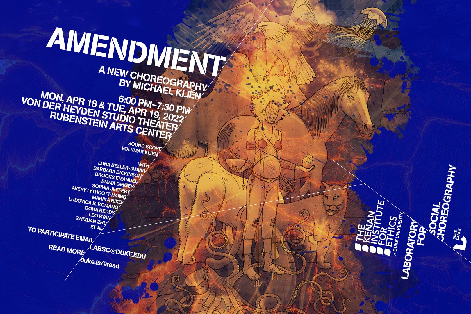Comic or manga-style illustration of a pregnant person surrounded by animals. Flyer text reads: AMENDMENT A New Choreographic Work by Michael Kliën 6–7:30 p.m. Mon, April 18 and Tues, April 19, 2022 von der Heyden Studio Theater Rubenstein Arts Center, Duke University