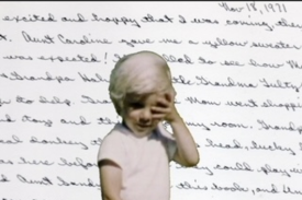 Still from Walter Hergt's experimental documentary film Convergence shows a little girl with a background of a handwritten letter from 1971