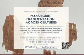 flier with event description - background image of three manuscript fragments